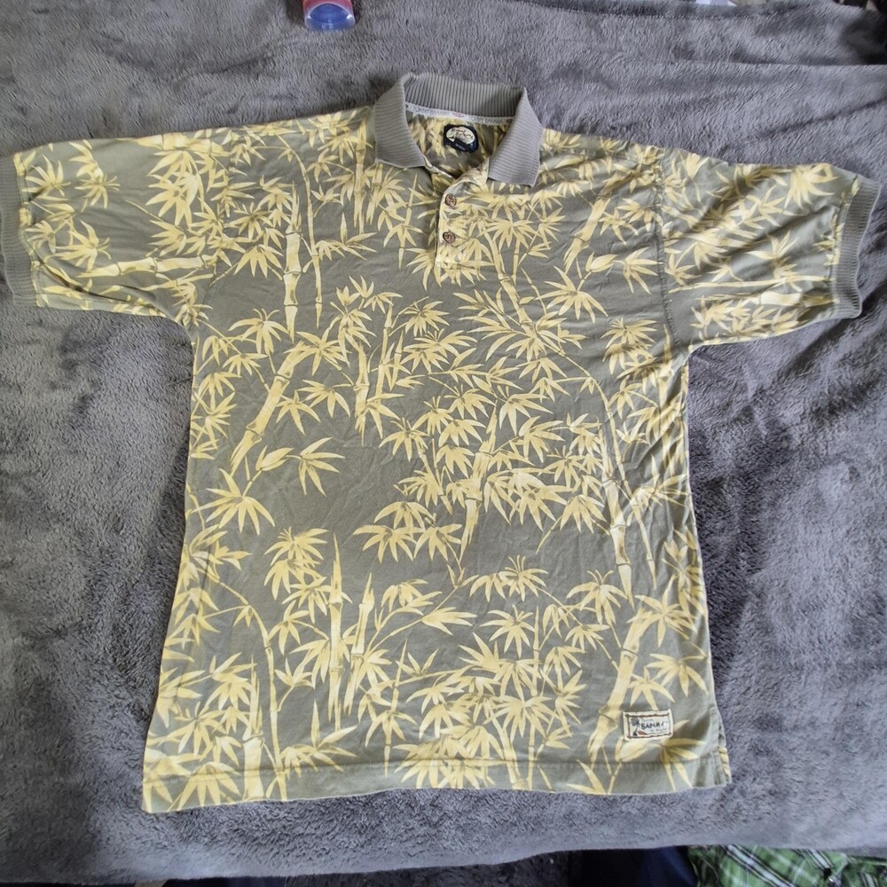 Tommy Bahama Shirt Mens Medium Green Yellow Bamboo Print Polo Casual Macau 90s